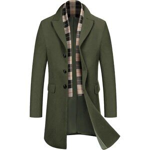 Men's Army Green Trench Overcoat Wool Blend Coat with Detachable Single Breasted